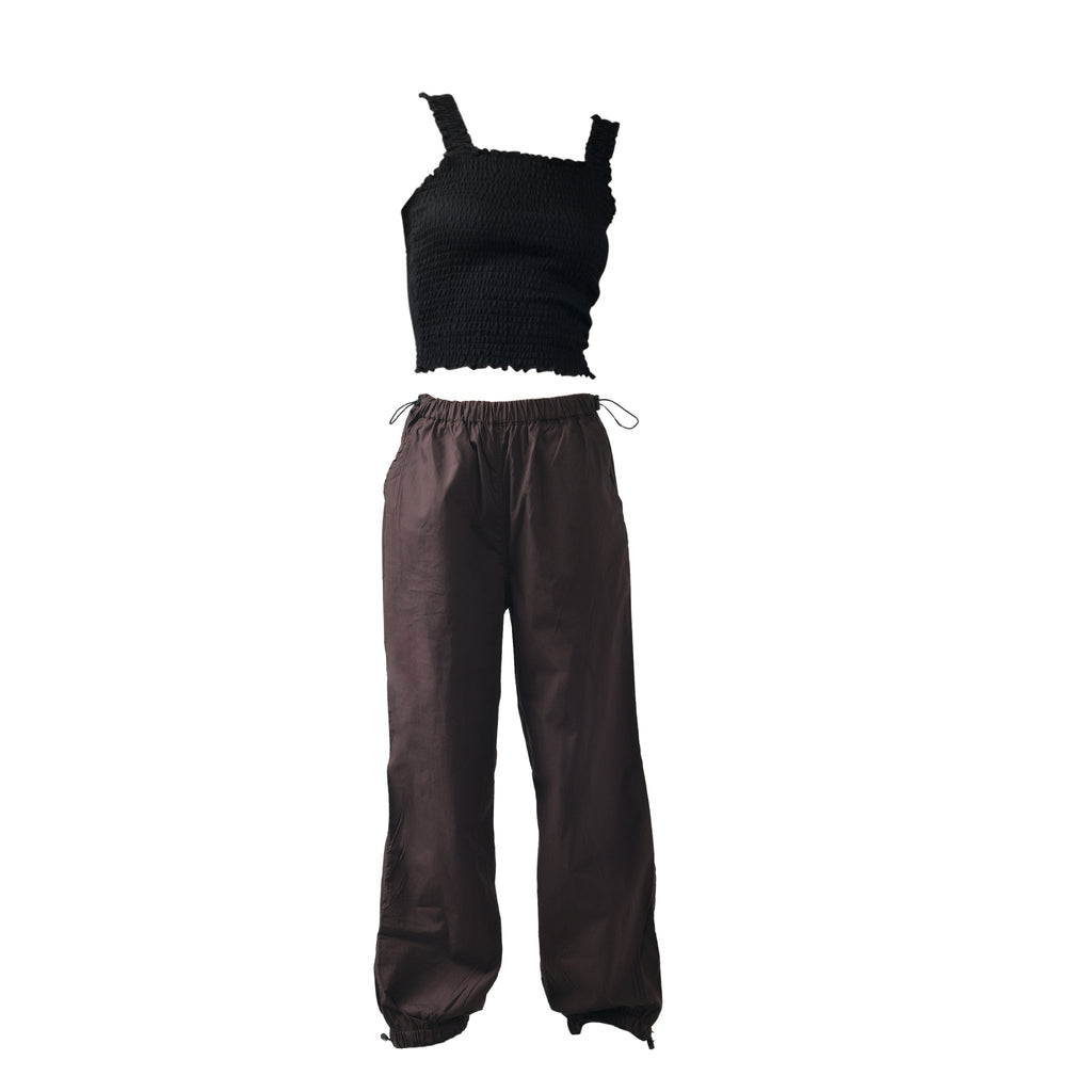 Black Ruffle Top & Brown Parachute Pants - I Z F