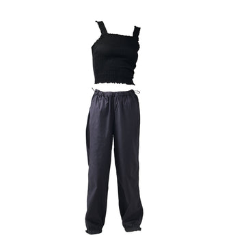 Black Ruffle Top & Gunmetal Parachute Pants - I Z F