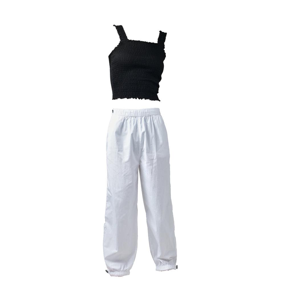 Black Ruffle Top & White Parachute Pants - I Z F