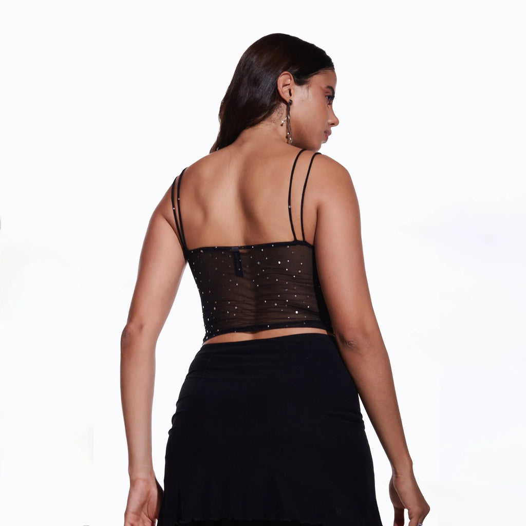 Black Sequin Mesh Tank Top - I Z F