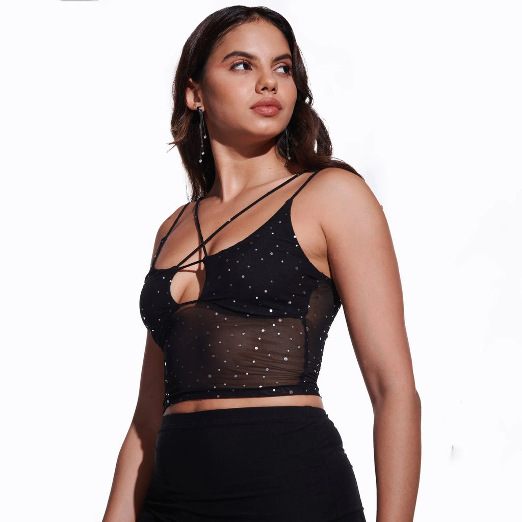 Black Sequin Mesh Tank Top - I Z F