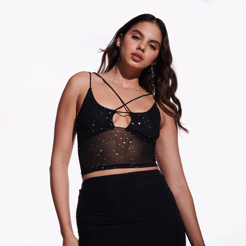 Black Sequin Mesh Tank Top - I Z F