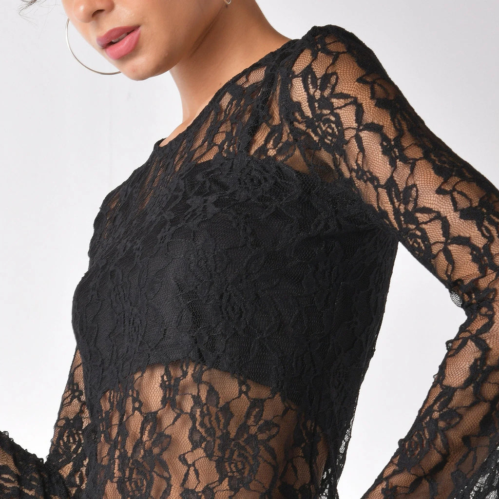 Black sheer lace top with matching camisole - I Z F