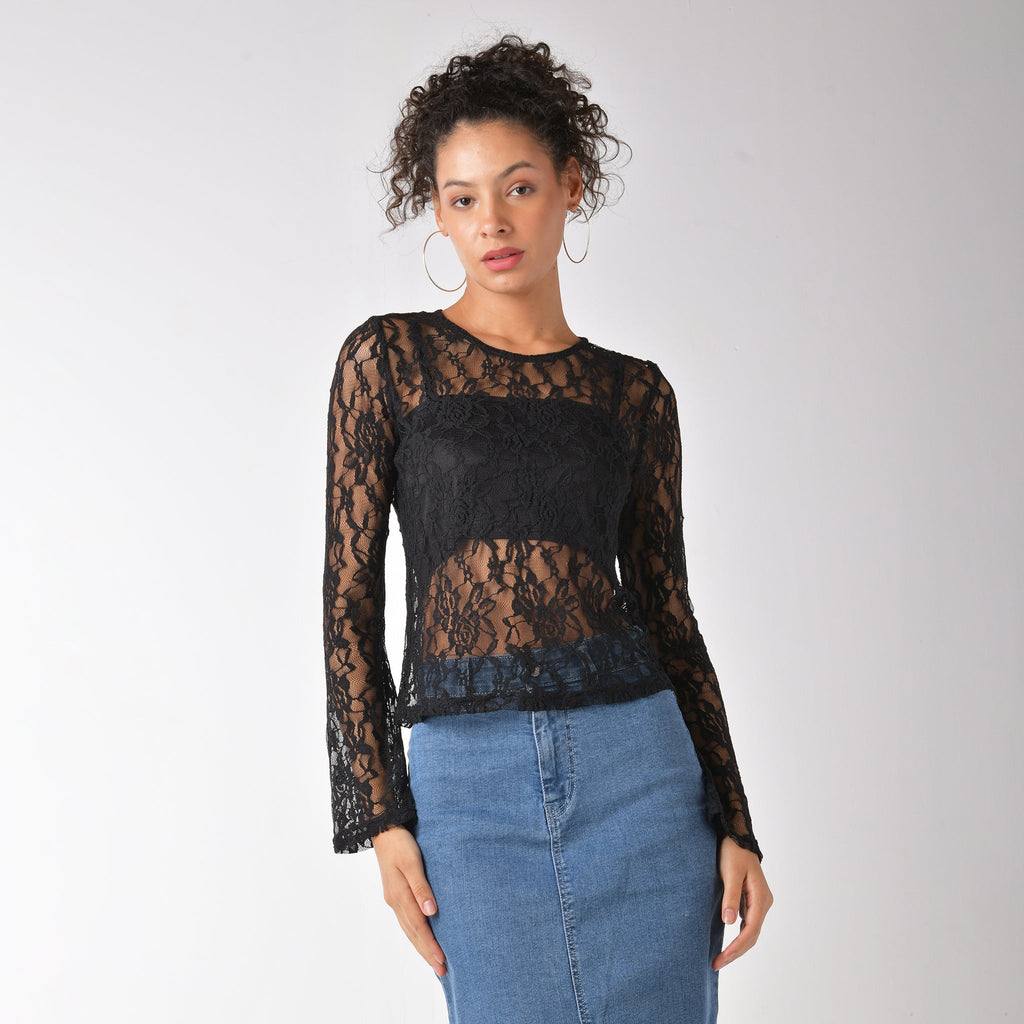 Black sheer lace top with matching camisole - I Z F