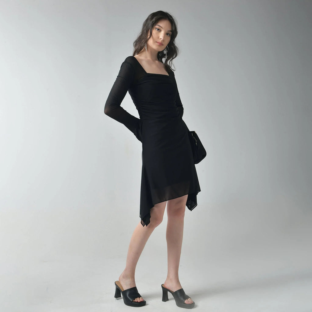 Black Square Neck Mesh Dress - I Z F