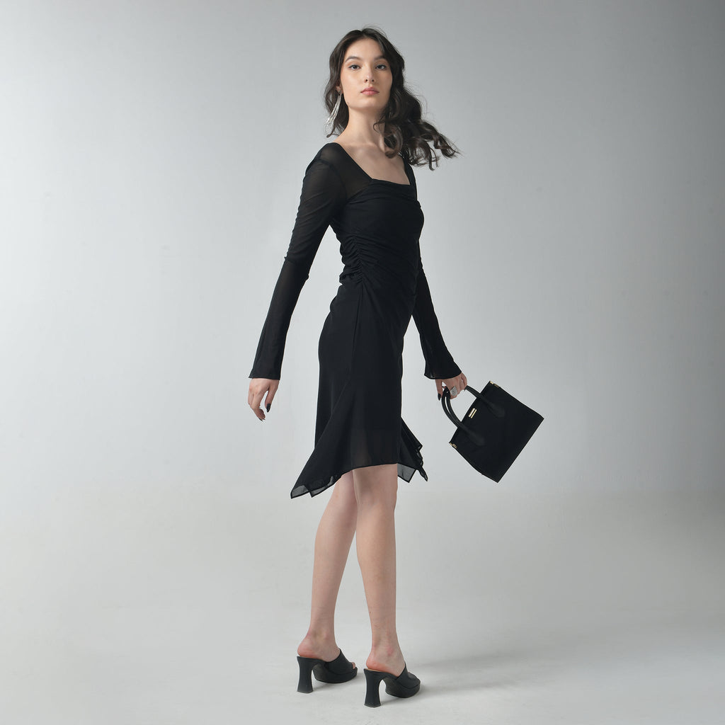 Black Square Neck Mesh Dress - I Z F