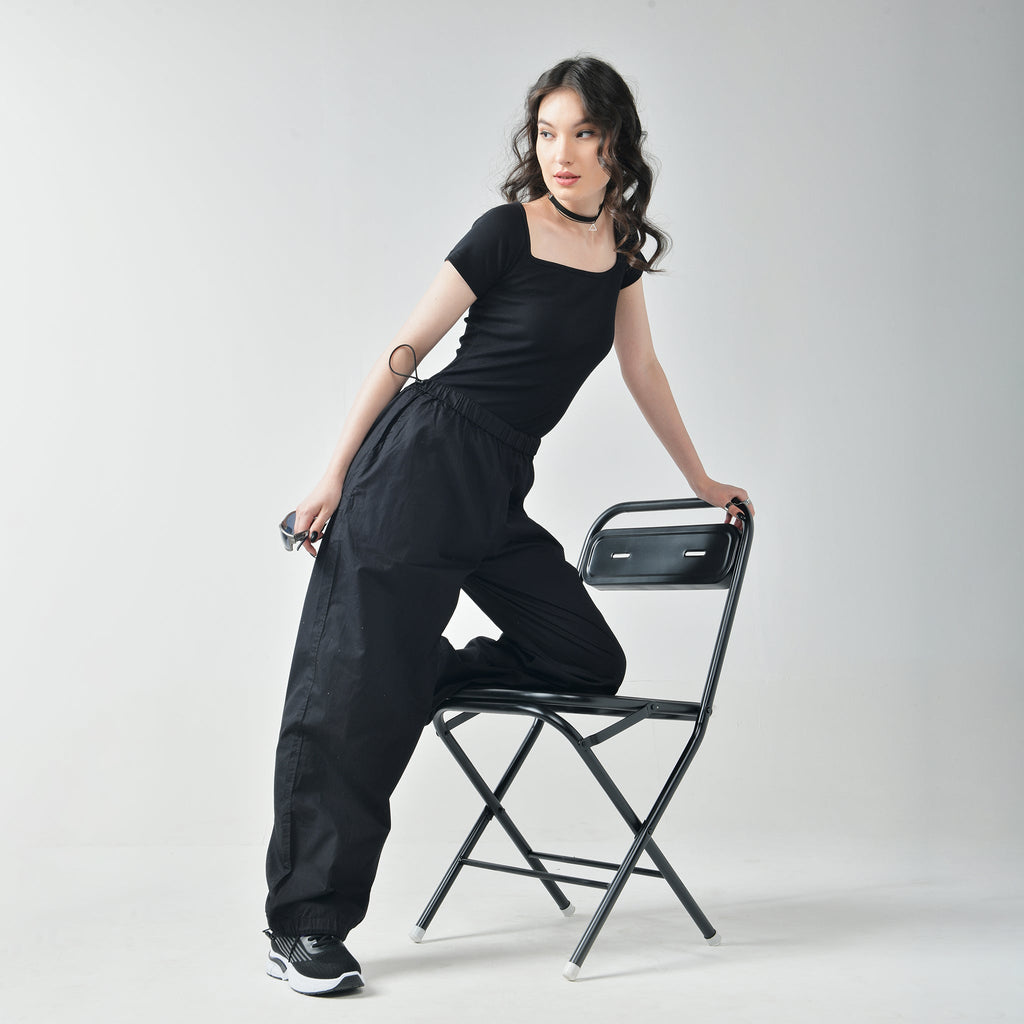 Black Square Neck Top & Black Parachute Pants - I Z F