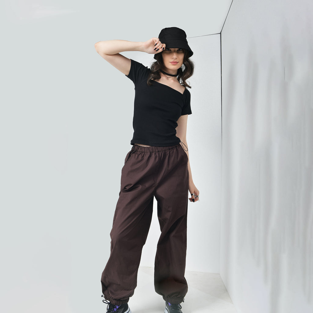 Black Square Neck Top & Brown Parachute Pants - I Z F