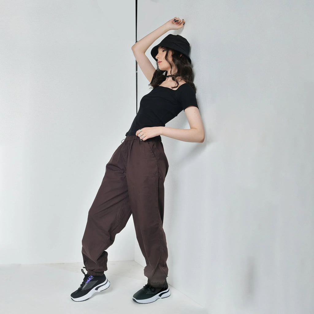 Black Square Neck Top & Brown Parachute Pants - I Z F