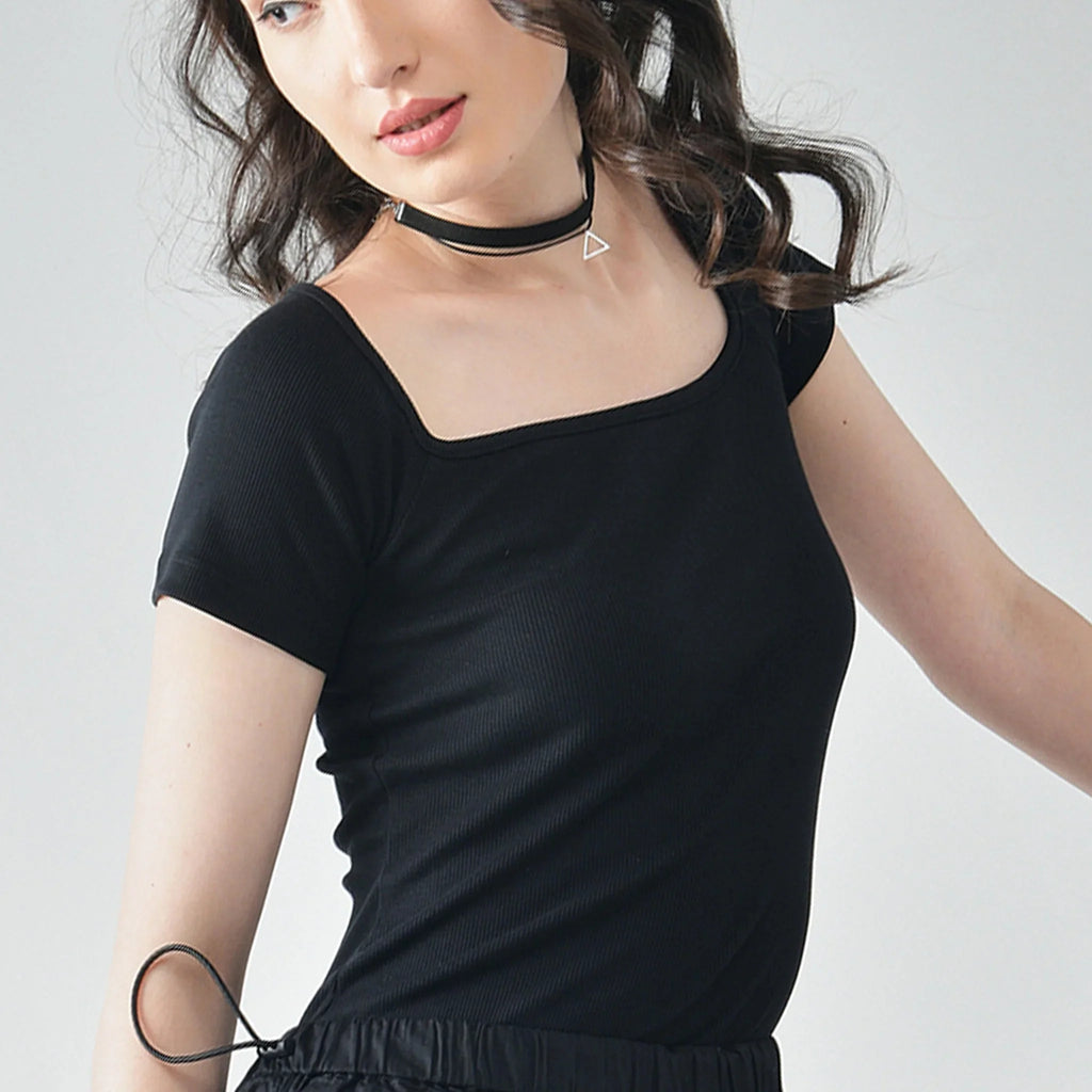 Black Square Neck Top & Khaki Parachute Pants - I Z F