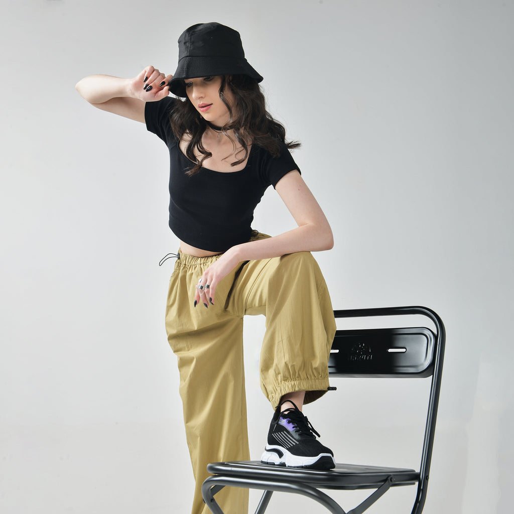 Black Square Neck Top & Khaki Parachute Pants - I Z F