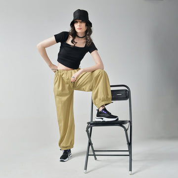 Black Square Neck Top & Khaki Parachute Pants - I Z F