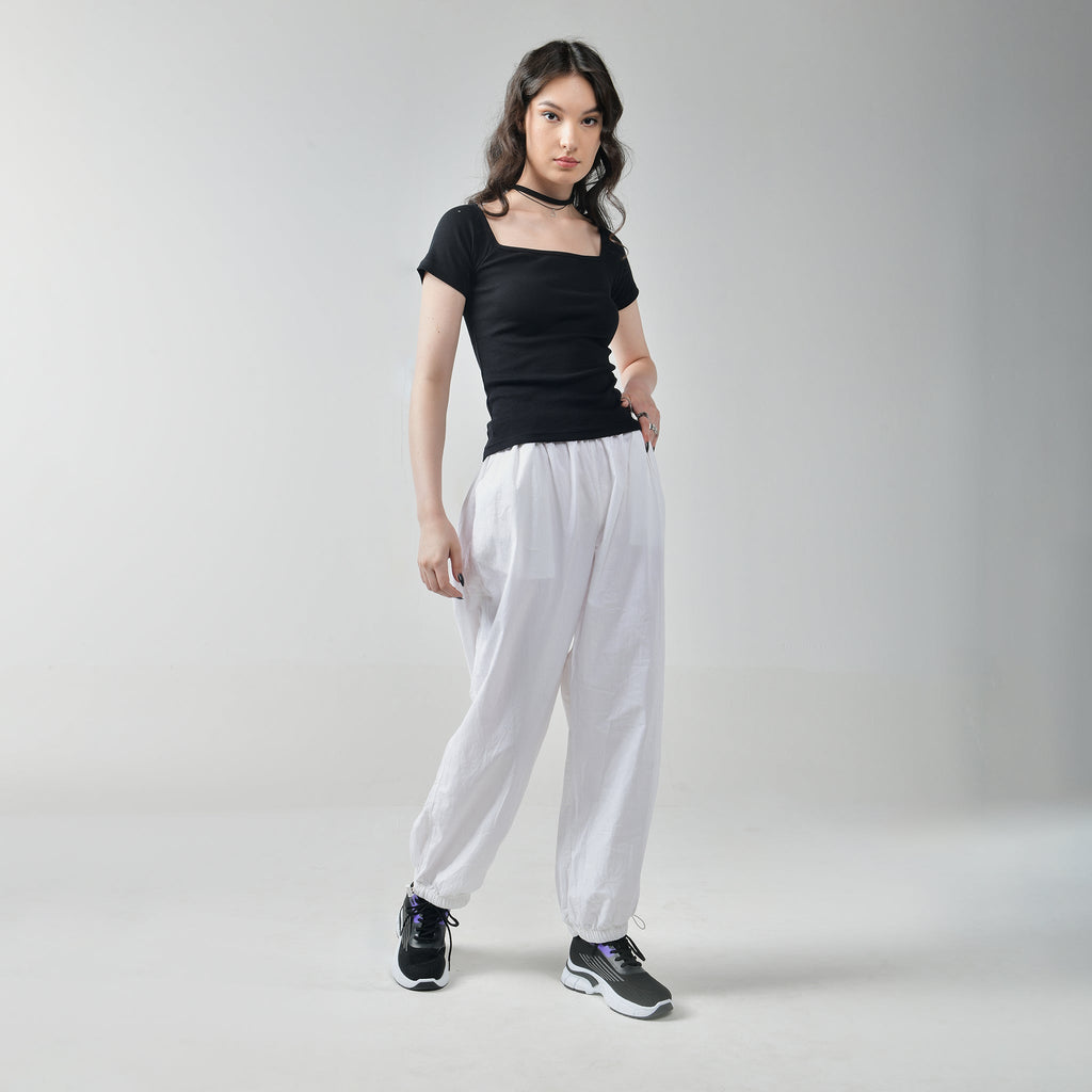 Black Square Neck Top & White Parachute Pants - I Z F