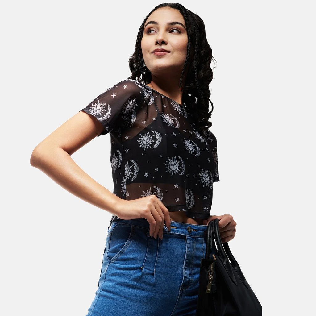 Black Sun Print Mesh Top - I Z F