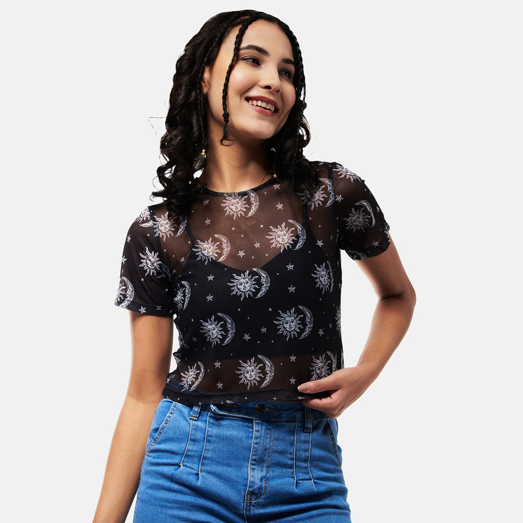 Black Sun Print Mesh Top - I Z F