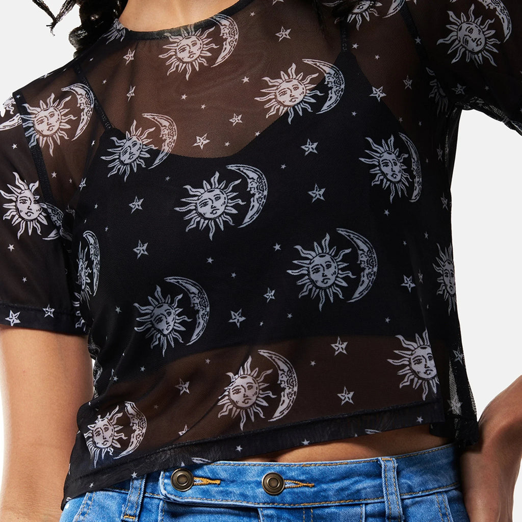 Black Sun Print Mesh Top - I Z F