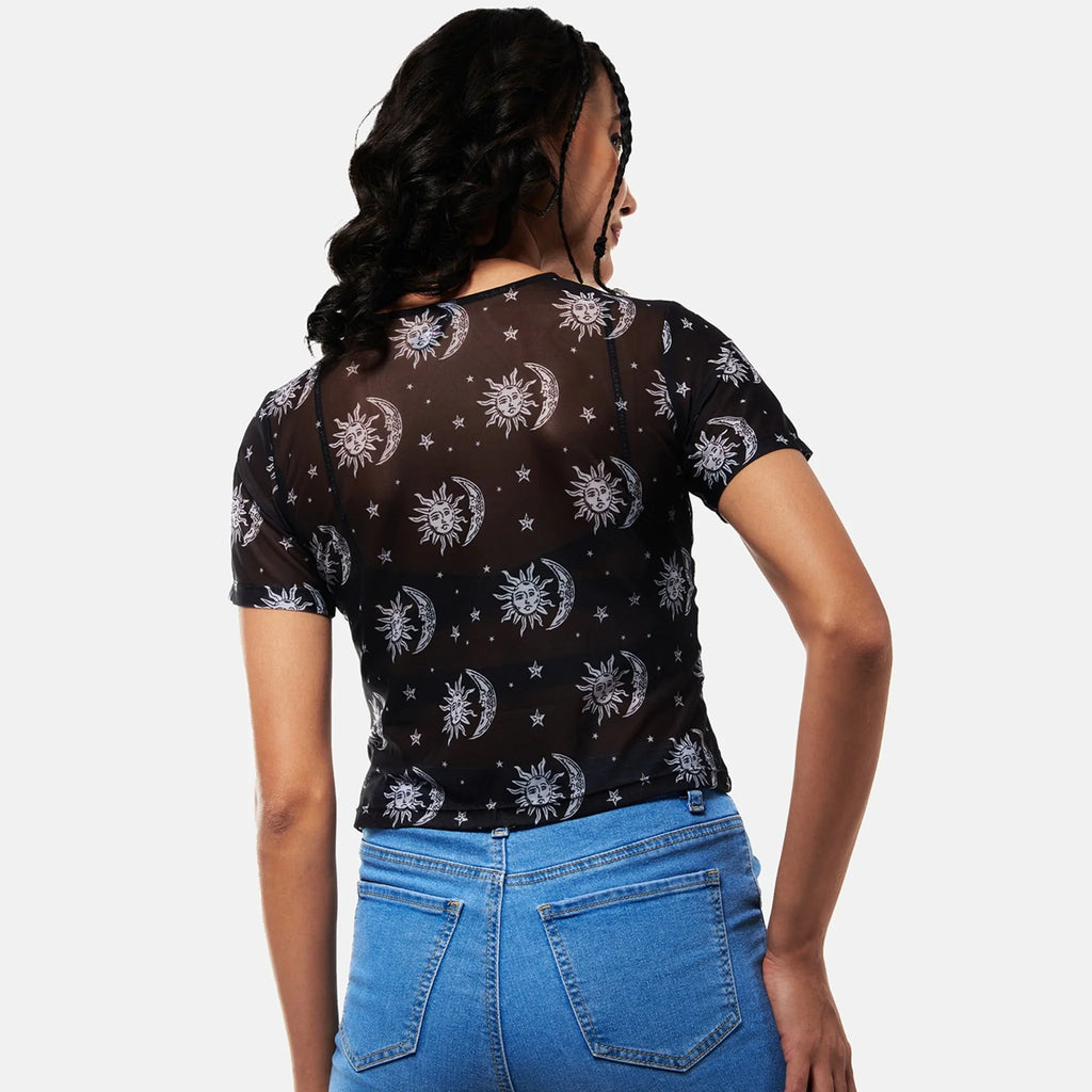 Black Sun Print Mesh Top - I Z F