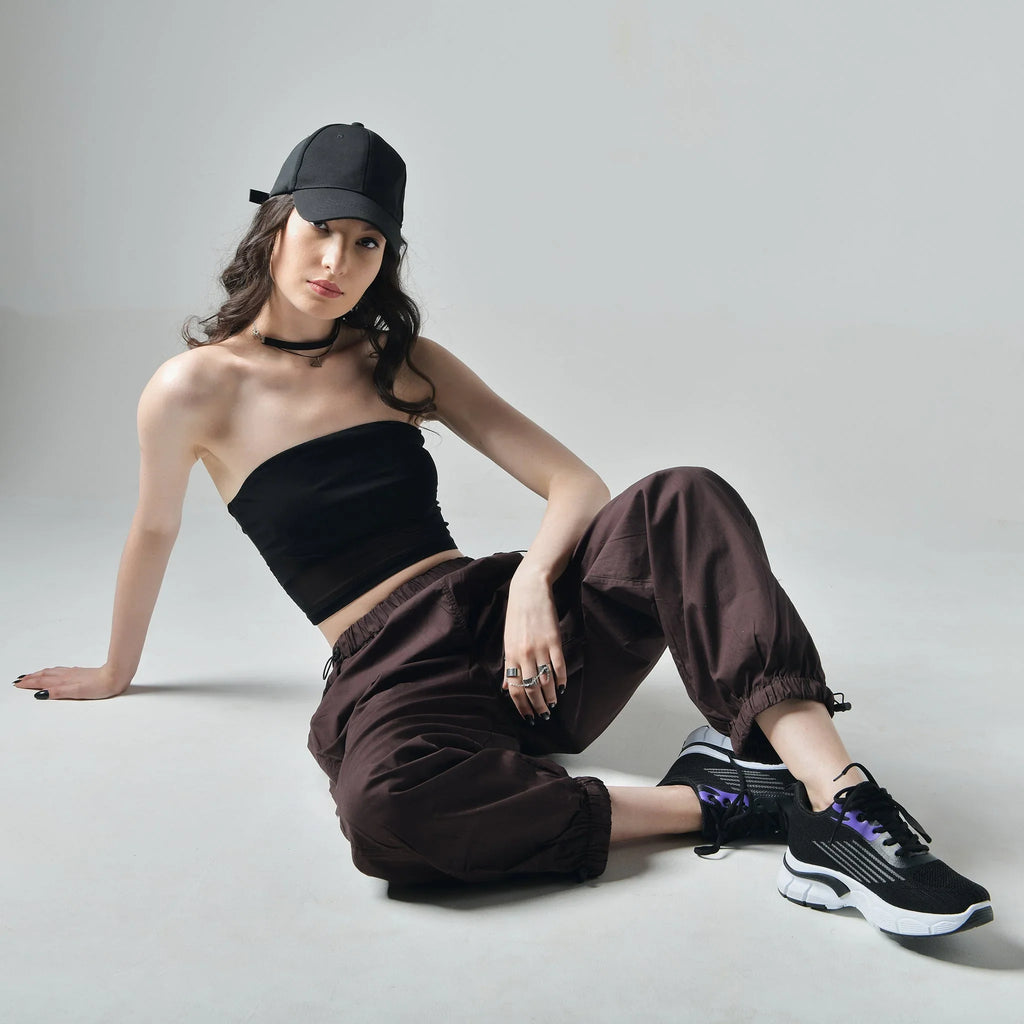 Black Tube Top & Brown Parachute Pants - I Z F