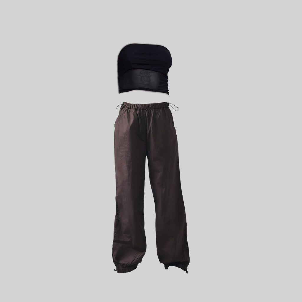 Black Tube Top & Brown Parachute Pants - I Z F