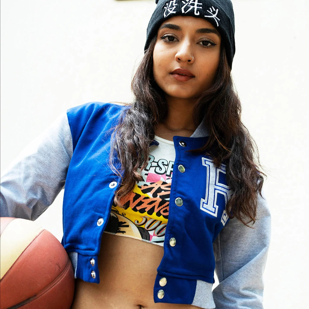 Blue Crop Varsity Jacket - I Z F