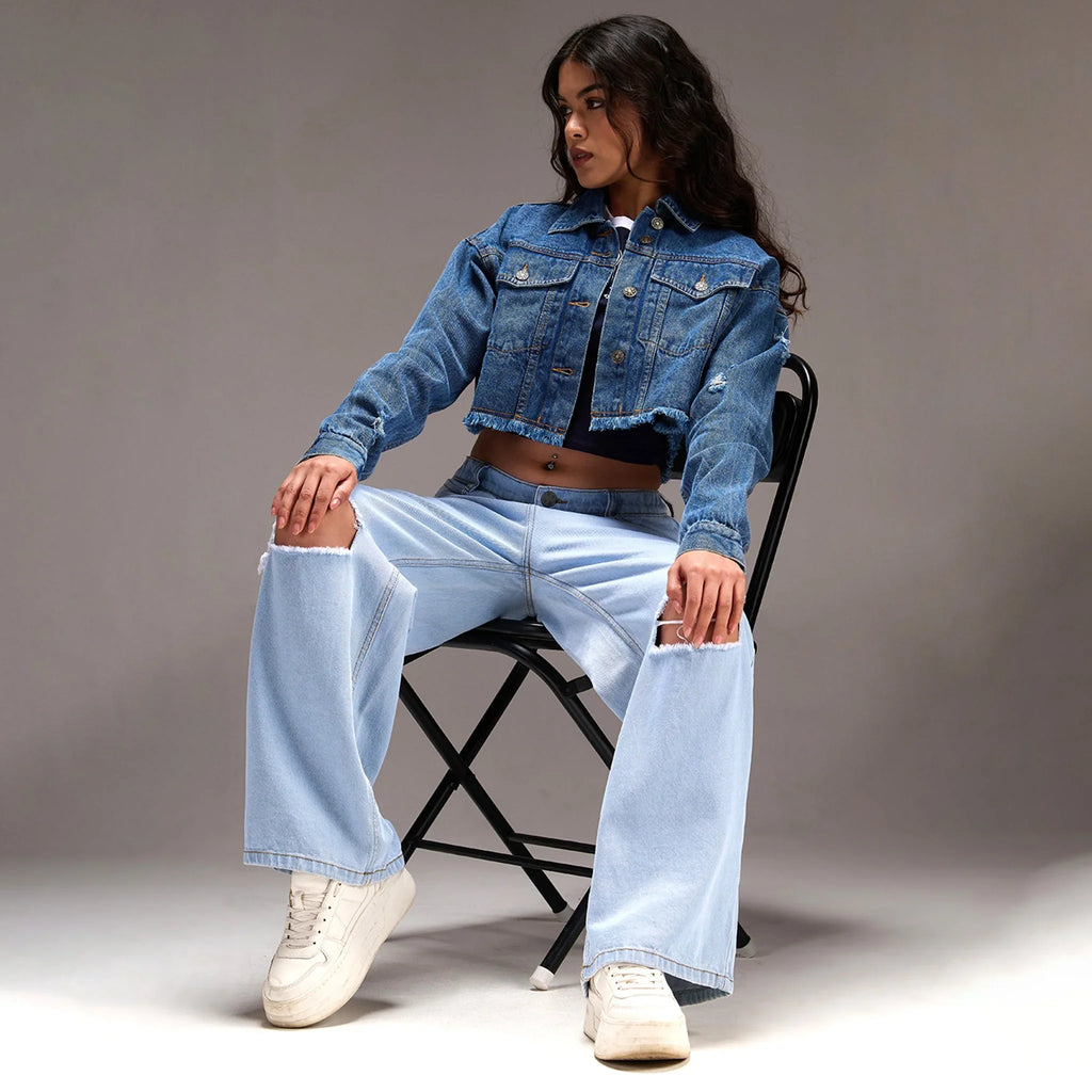 Blue Denim Crop Trucker Jacket - I Z F