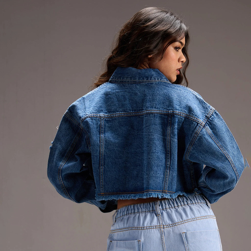 Blue Denim Crop Trucker Jacket - I Z F