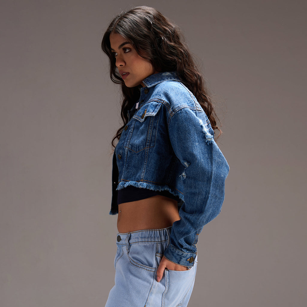 Blue Denim Crop Trucker Jacket - I Z F