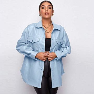 Blue Oversized faux - Leather Jacket - I Z F