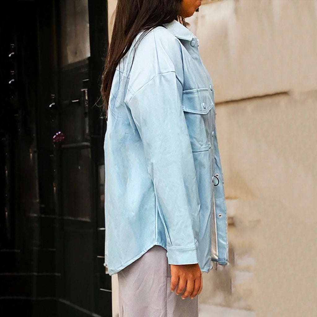 Blue Oversized faux - Leather Jacket - I Z F