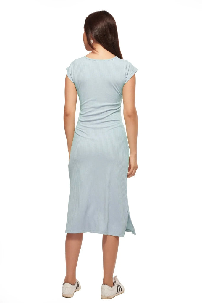Blue Short Sleeve Midi Dress with Side Slits - I Z F