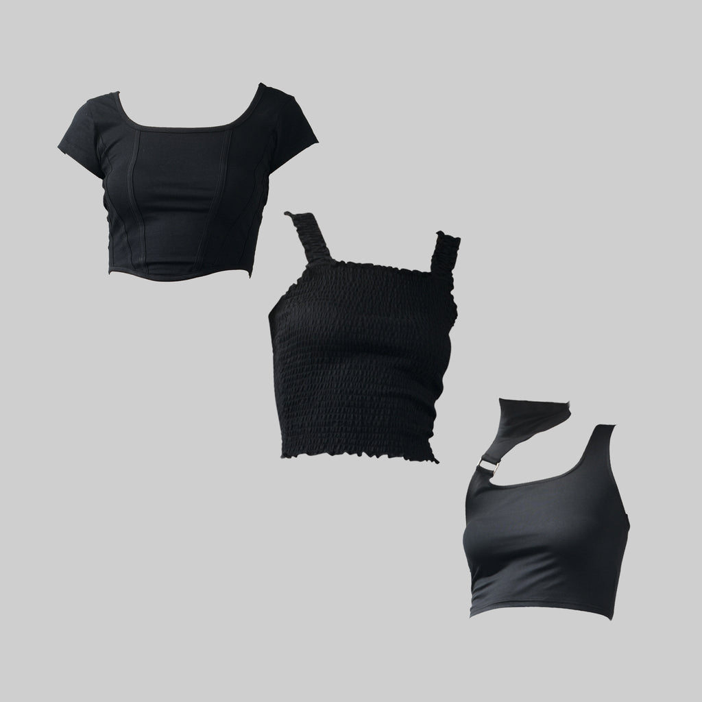 Chic Trio: Ruffle Top, Buckle Top, and Corset Crop Top Bundle - I Z F