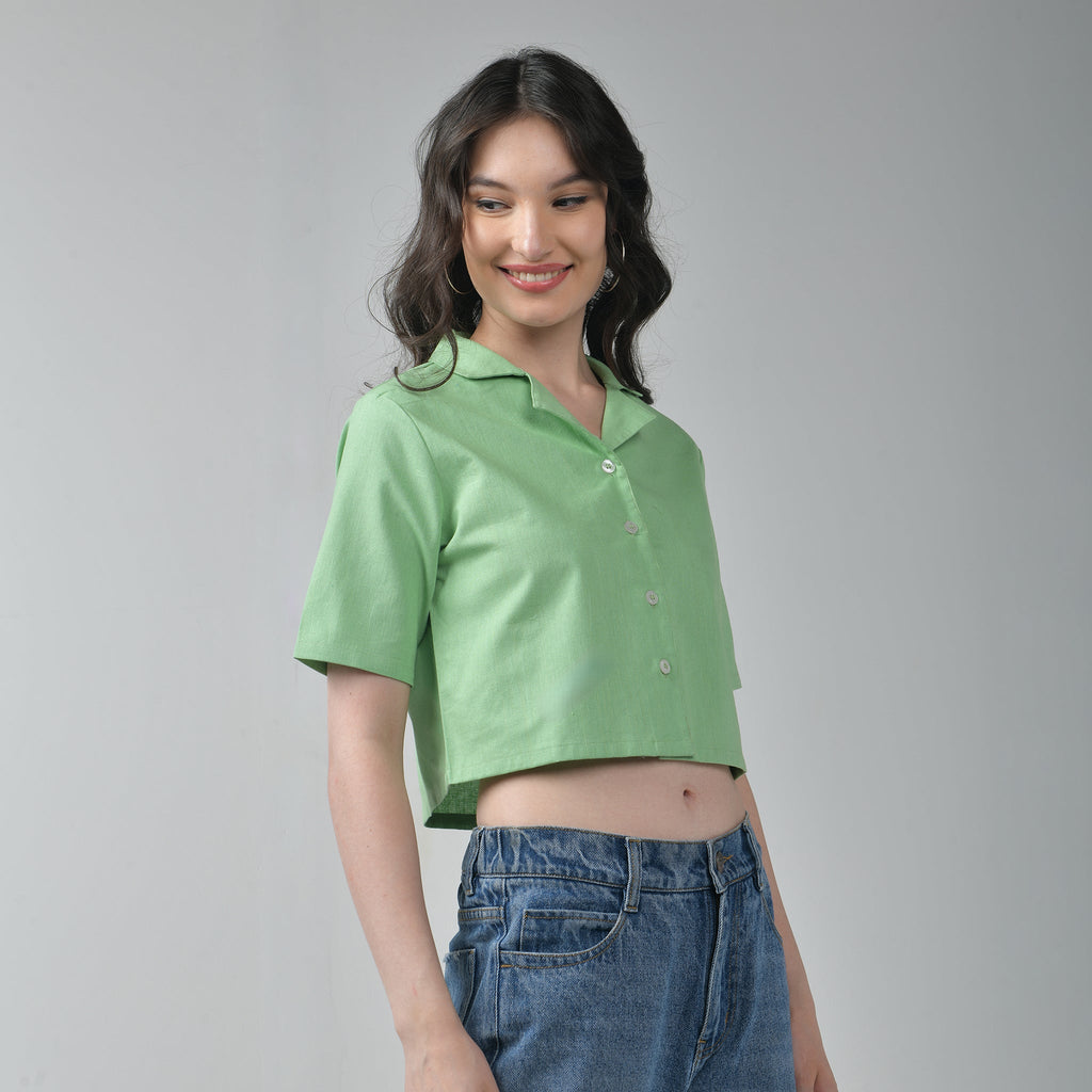 Crop Linen shirt for women - Green - I Z F