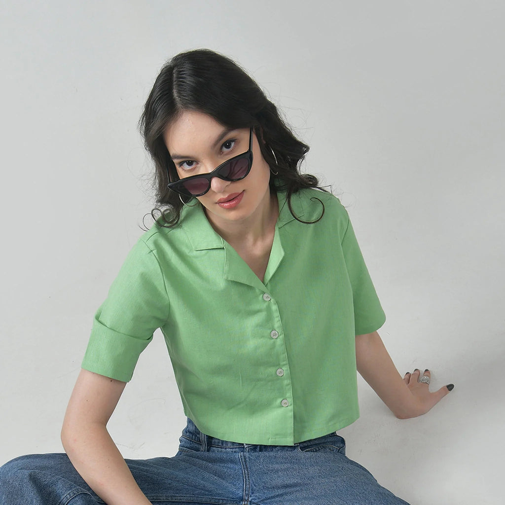 Crop Linen shirt for women - Green - I Z F