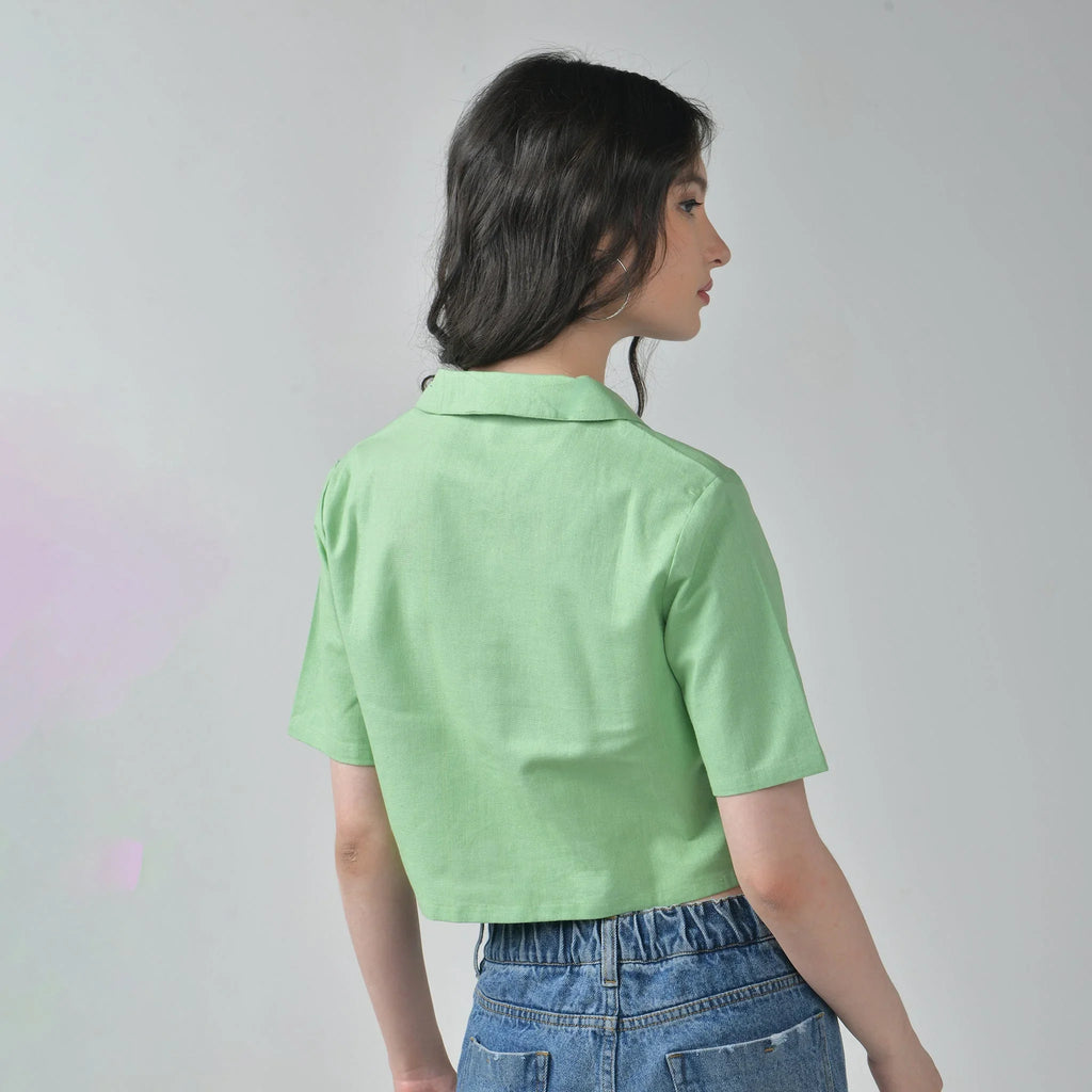 Crop Linen shirt for women - Green - I Z F