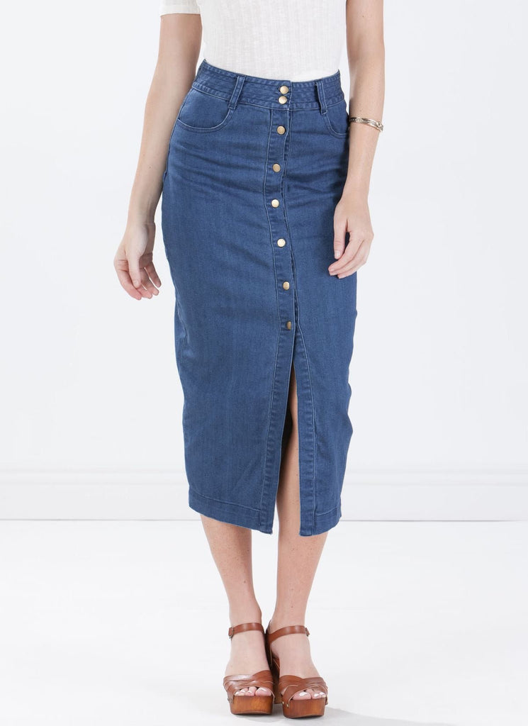 Dark Denim Front Open Midi Skirt - I Z F