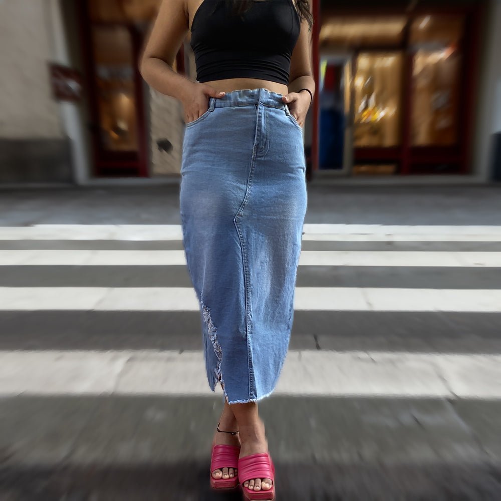 Denim Distress Pencil Midi Skirt - I Z F