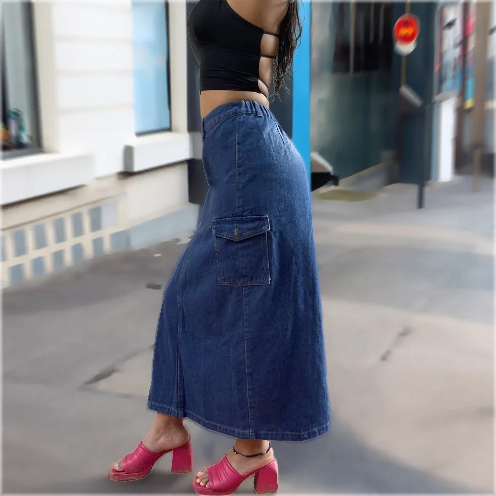 Denim Front Open Midi Skirt - I Z F