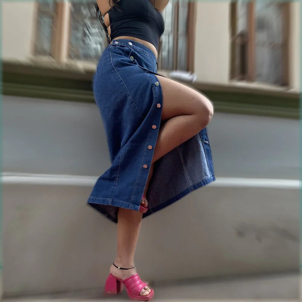 Denim Front Open Midi Skirt - I Z F