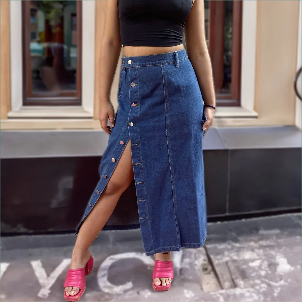 Denim Front Open Midi Skirt - I Z F