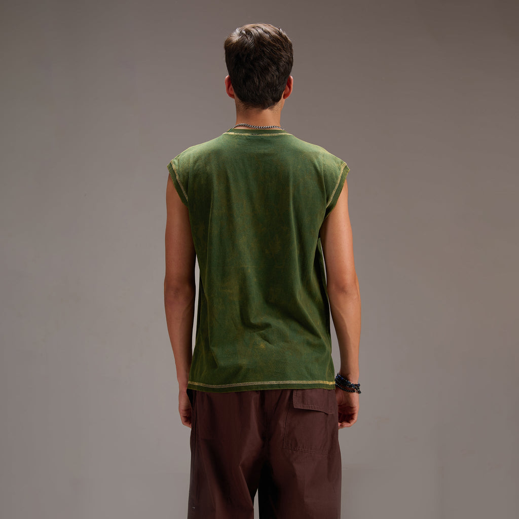 Green crew neck oversized vest with contrast embroidery - I Z F