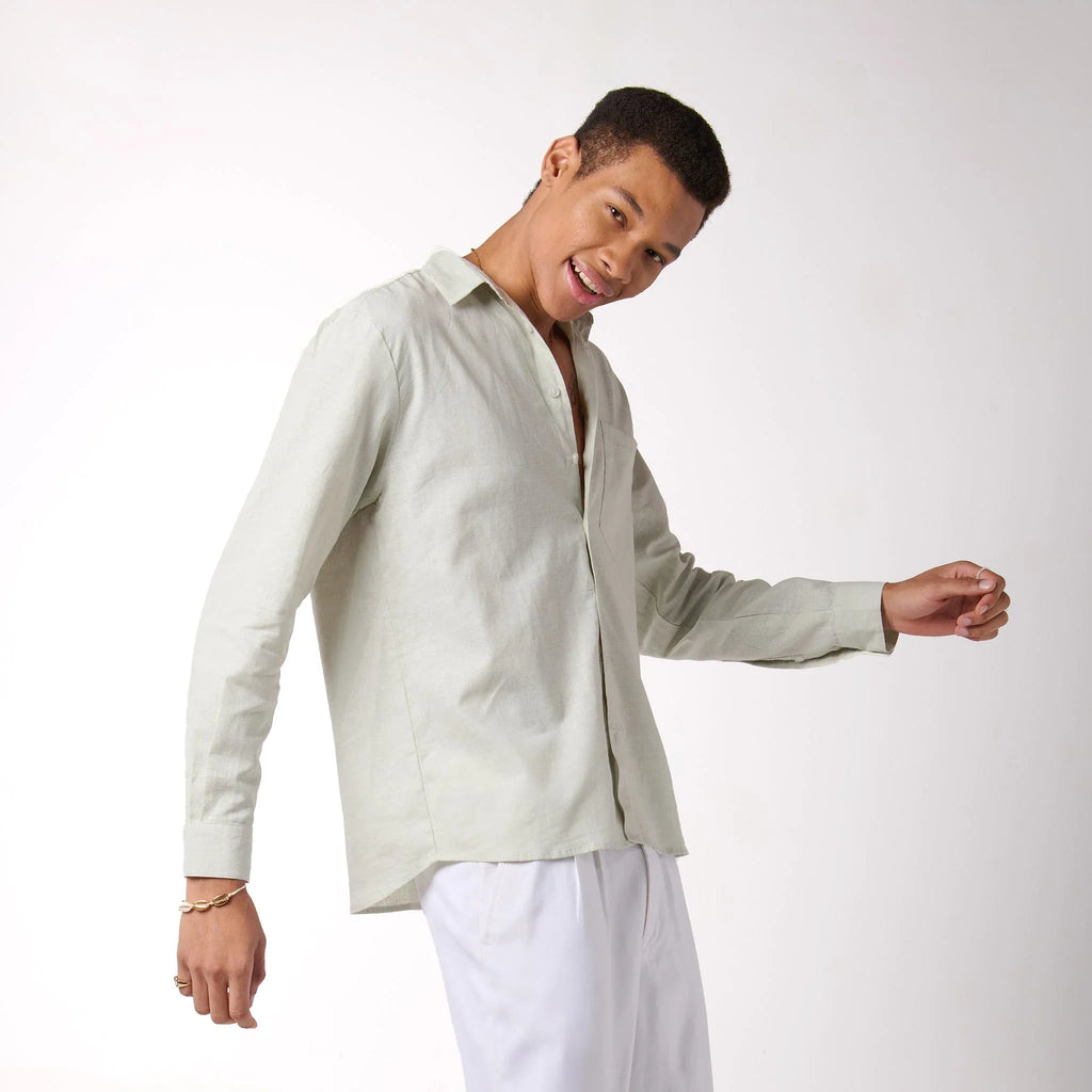 Green relaxed fit full sleeve linen shirt - I Z F