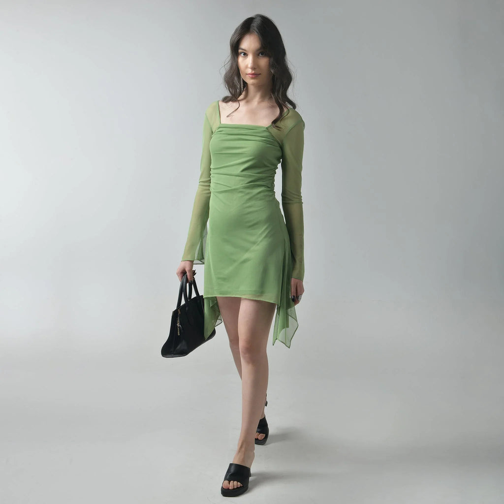 Green Square Neck Mesh Dress - I Z F