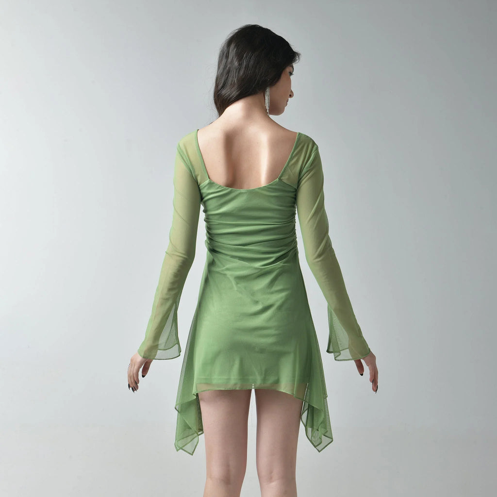 Green Square Neck Mesh Dress - I Z F