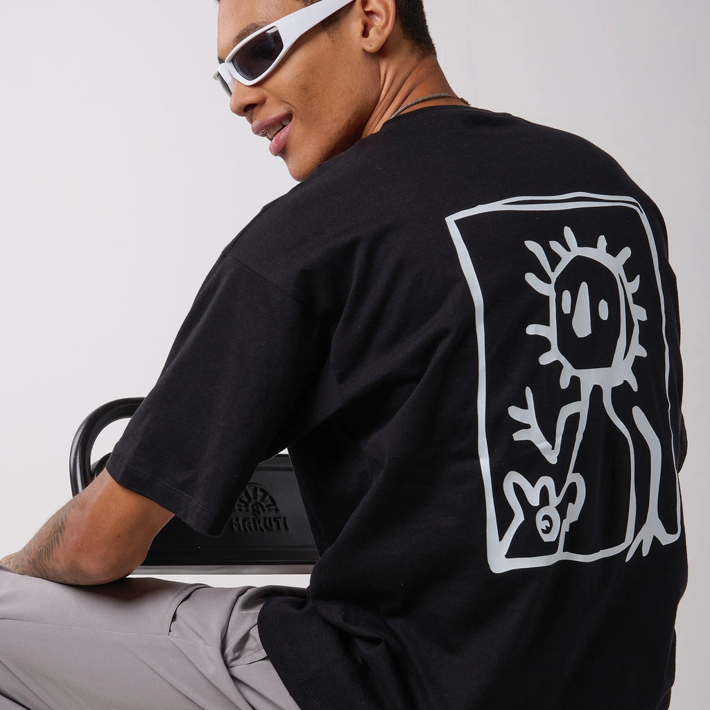 Grey Air Parachute Pants & Black oversized printed Tee Set - I Z F