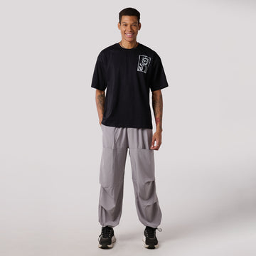 Grey Air Parachute Pants & Black oversized printed Tee Set - I Z F