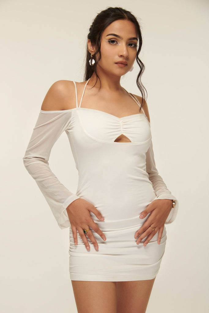 Halter Cut out Dress in Mesh Sleeve - I Z F