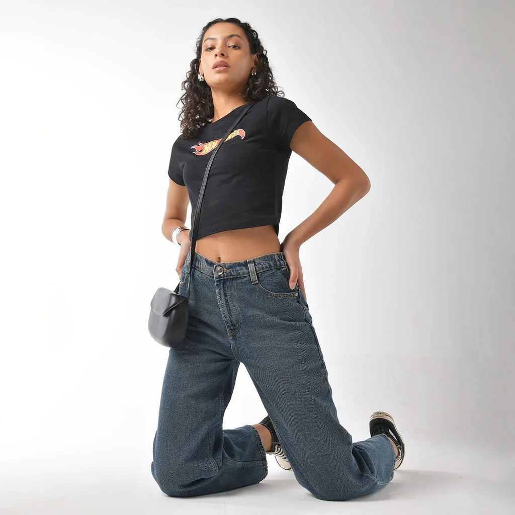 Hot mess graphic printed Black Crop Top baby tee - I Z F