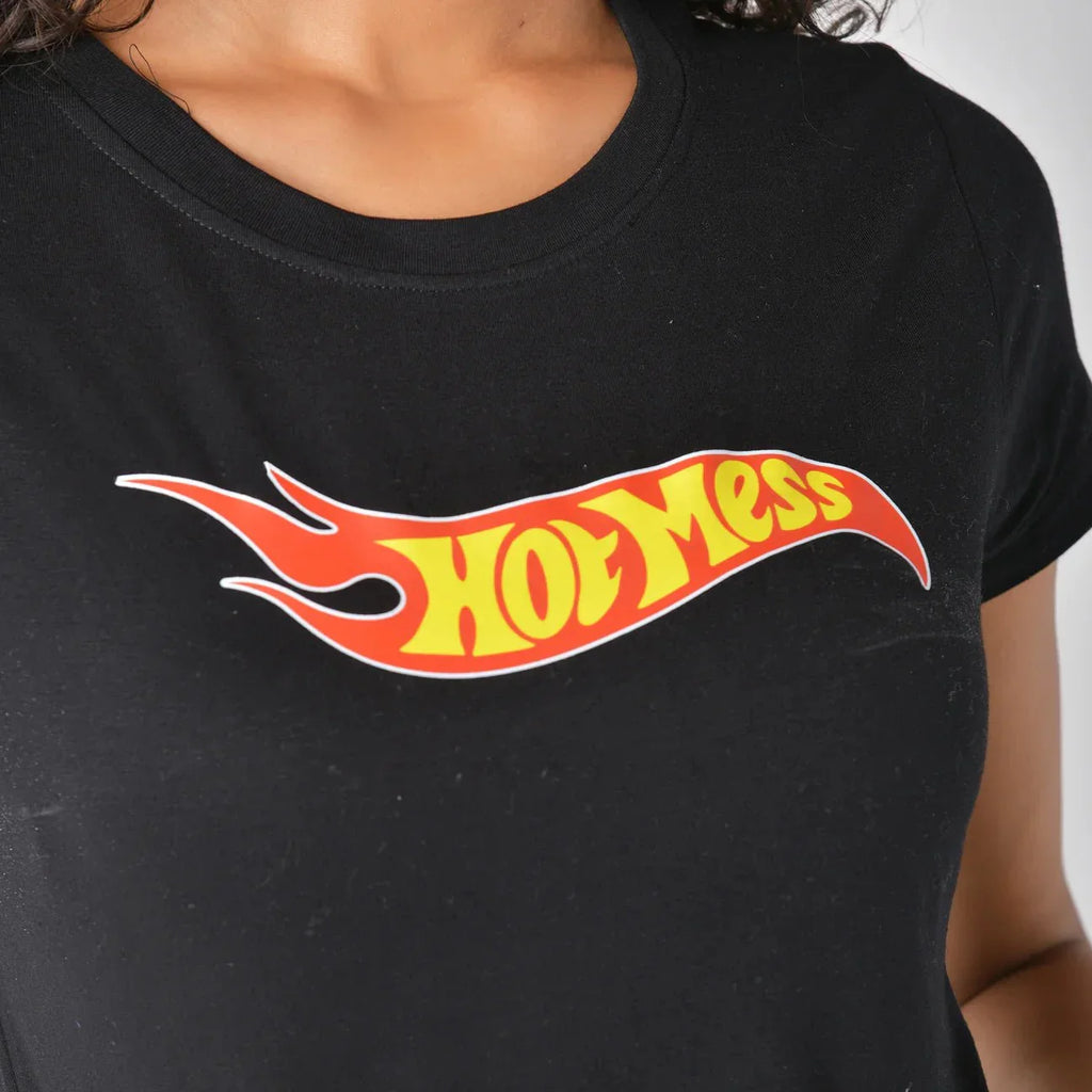 Hot mess graphic printed Black Crop Top baby tee - I Z F