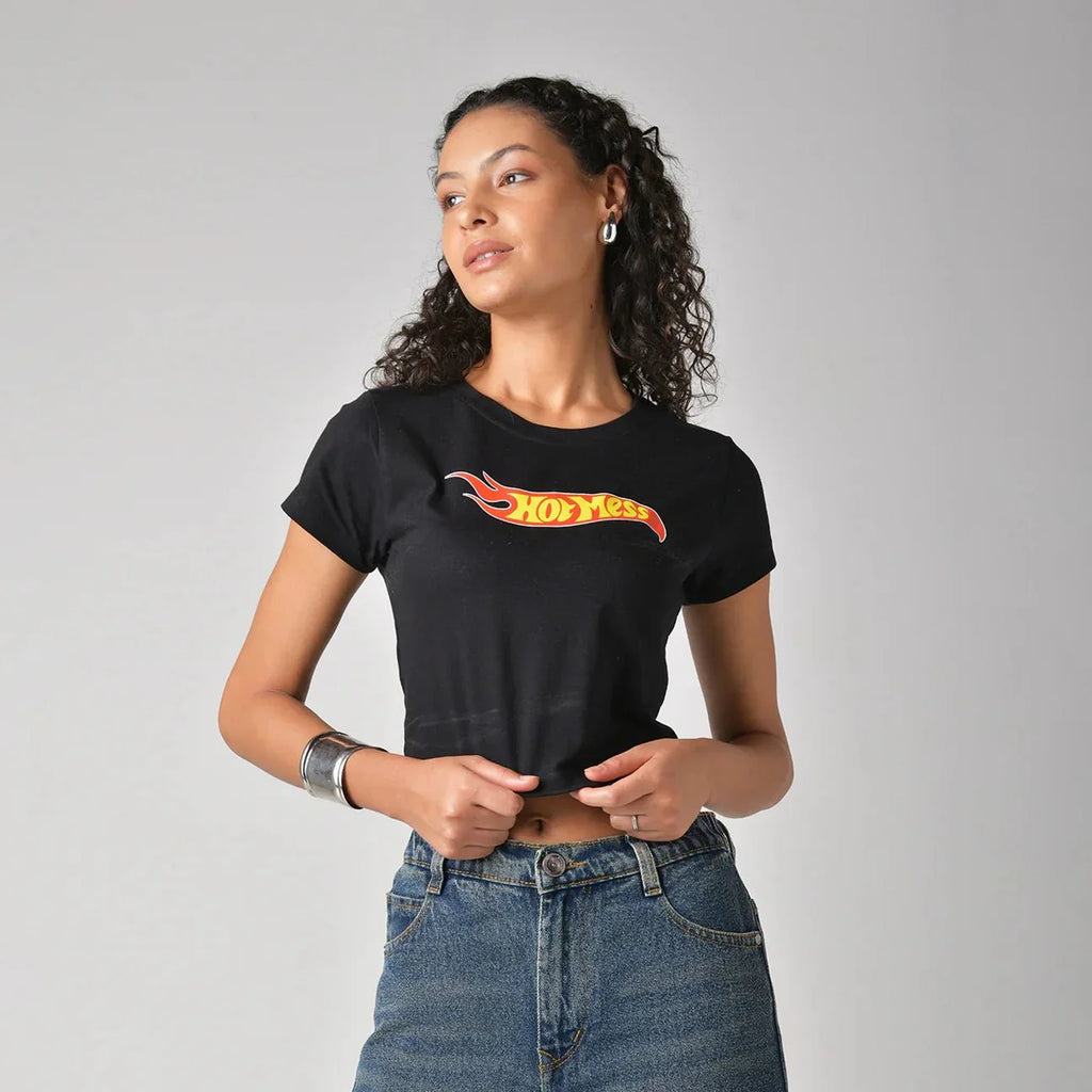 Hot mess graphic printed Black Crop Top baby tee - I Z F