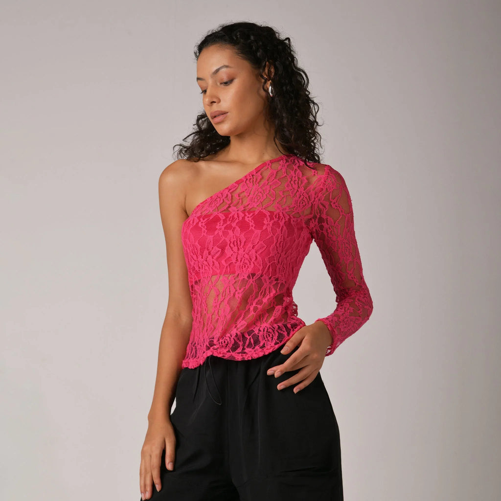 Hot pink one shoulder lace top with bandeau - I Z F
